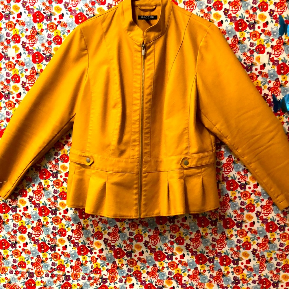 Mustard colored faux-leather blazer